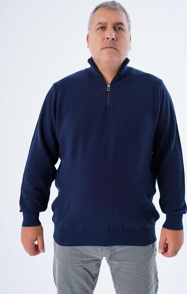 Trist Star Büyük Beden Erkek Lacivert Fermuarlı Dik Yaka Pirinç Örgü %100 Pamuk Triko Kazak Trıst-2113 - Image 1