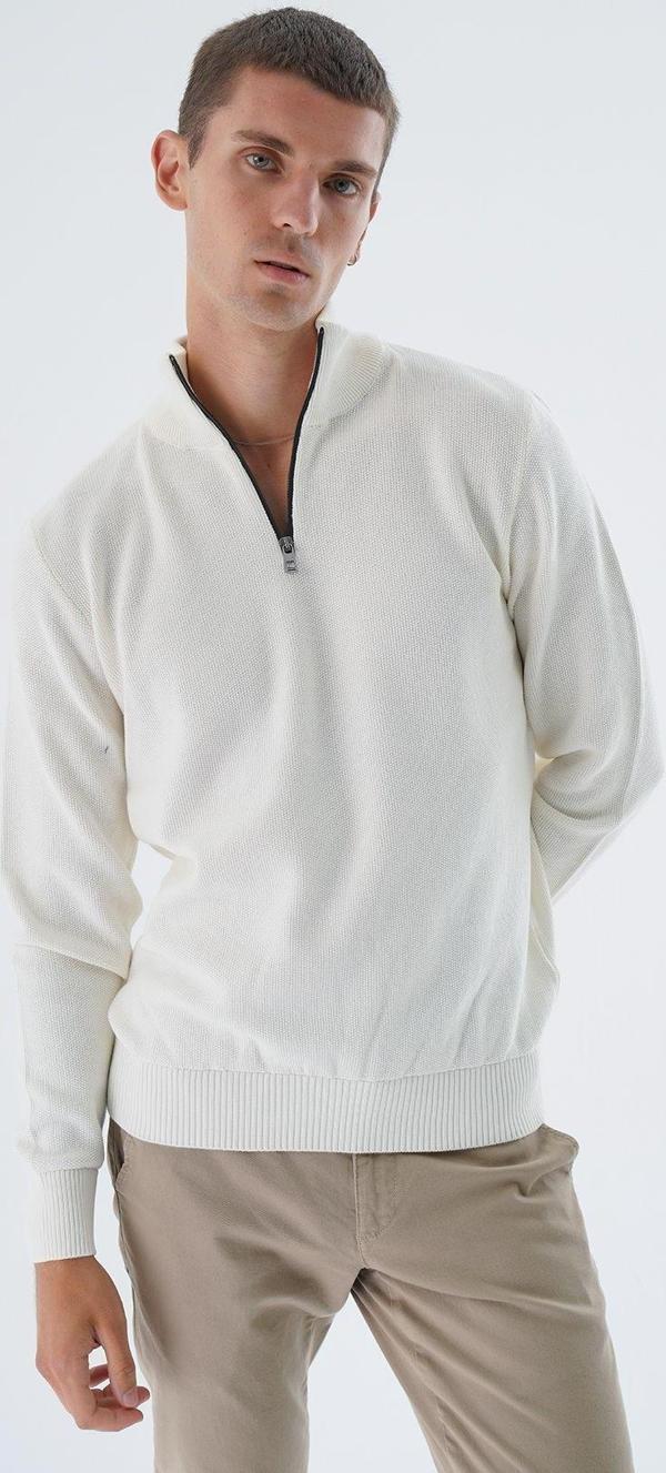 Trist Star Ekru Erkek %100 Pamuklu Fermuarlı Dik Yaka Triko Kazak Trıst-1191 - Image 1