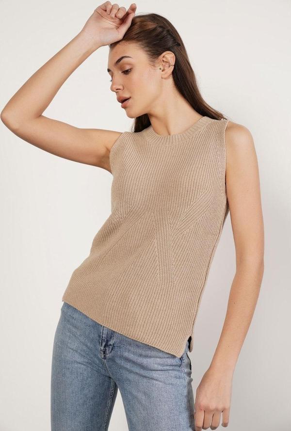 Trist Star Bej %100 Organik Pamuk Selanik Örgü Yırtmaçlı Bisiklet Yaka Triko Süveter Bluz - Image 1