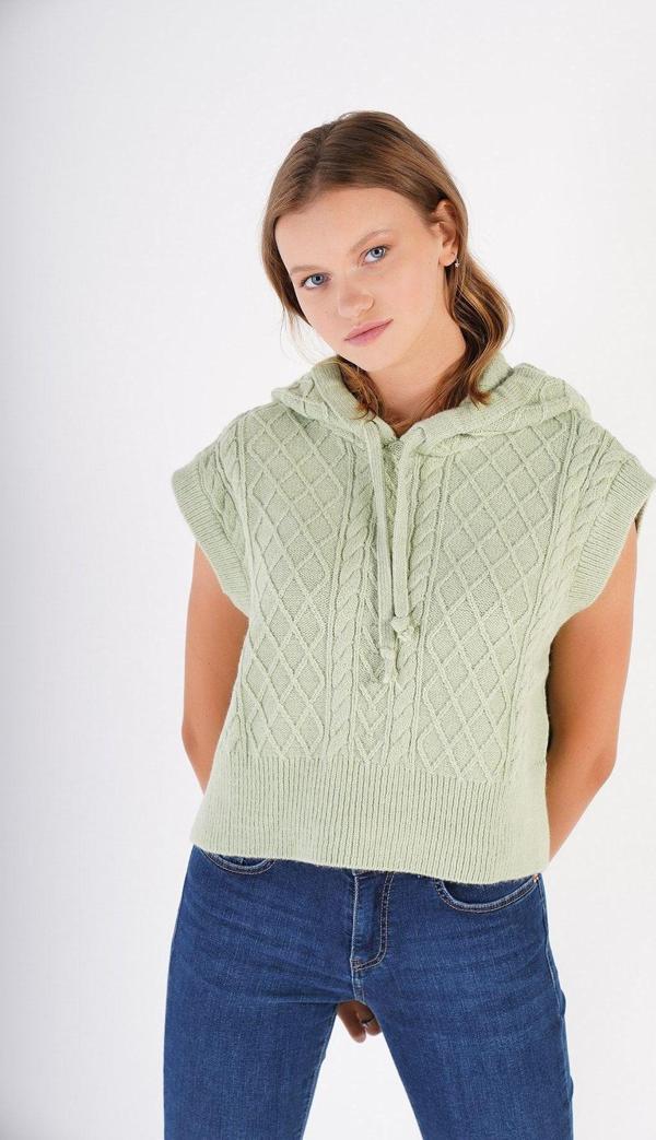 Trist Star Kadın Mint Kapüşonlu Oversize Yün Süveter Örme Triko Trist-6131 - Image 1