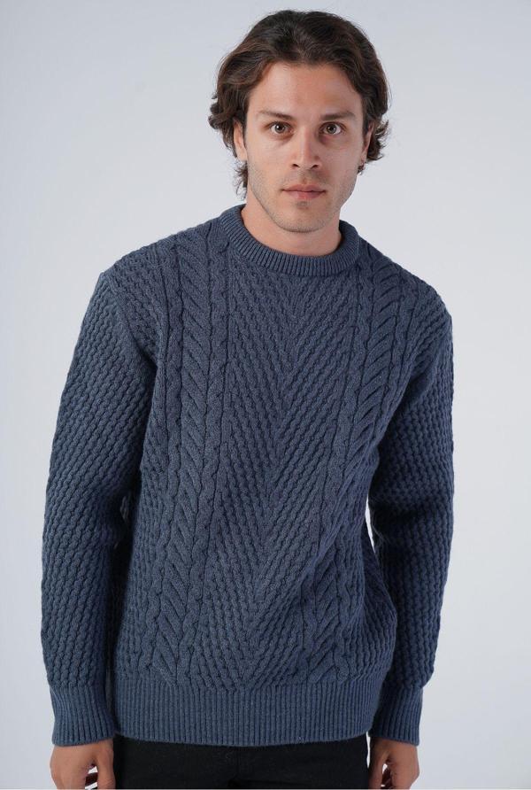 Trist Star İndigo Erkek Yürütme Saç Örgülü Bisiklet Yaka Triko Yün Kazak - Image 1