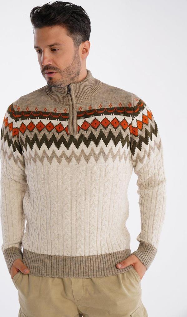 Trist Star Erkek Bej Dik Yaka Fermuarlı Saç Örgülü Jakarlı Desenli Triko Yün Kazak Trist-5323 - Image 1