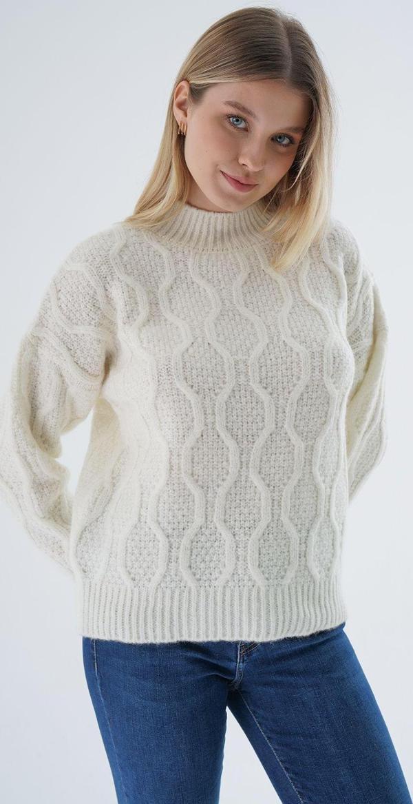 Trist Star Kadın Kemik Oversize Yarım Balıkçı Yürütme Petek Örgü Yün Özel İplik Triko Örme Kazak - Image 1