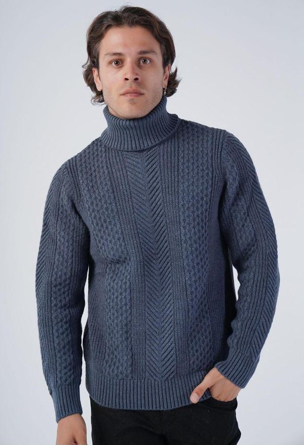 Trist Star İndigo Erkek Yürütme Saç Örgülü Balıkçı Yaka Triko Yün Kazak - Image 1