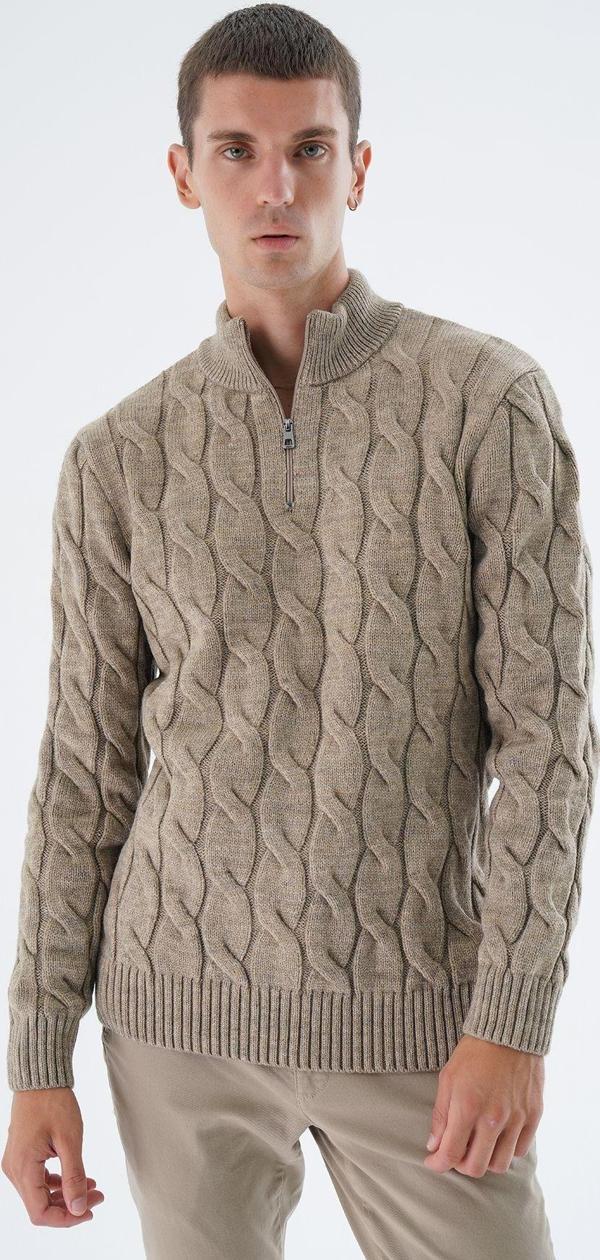 Trist Star Erkek Vizon Yarım Balıkçı Fermuarlı Saç Örgülü Yün Triko Örme Kazak Trıst-5339 - Image 1