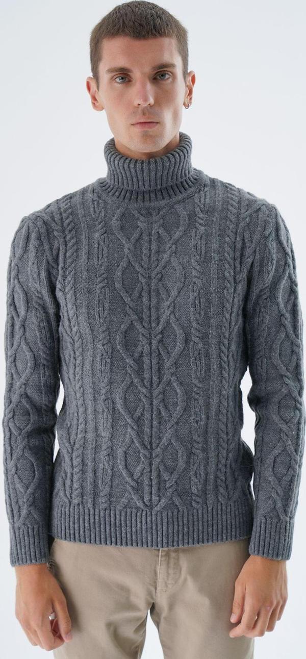 Trist Star Erkek Koyu Gri Balıkçı Yaka Yürütme Saç Örgülü Yün Triko Örme Kazak Trıst-5338 - Image 1