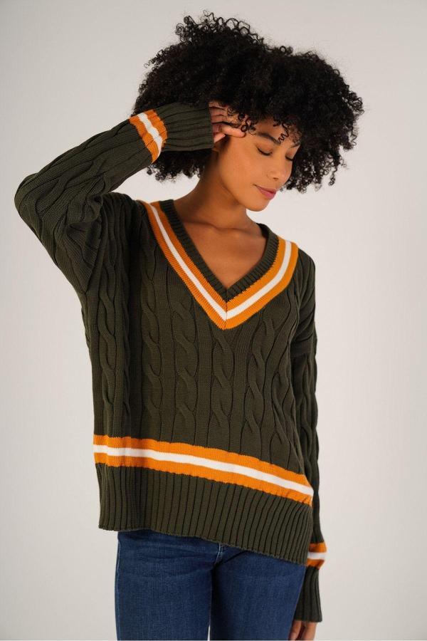 Trist Star Haki Kadın V Yaka Çizgili Yırtmaçlı Oversize %100 Pamuk Kazak - Image 1
