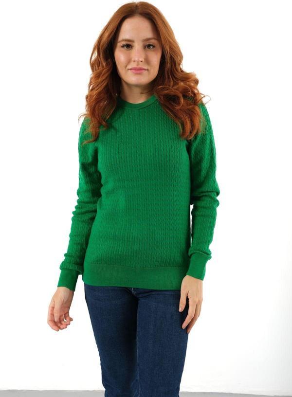 Trist Star Yeşil %100 Organik Pamuk Bisiklet Yaka Saç Örgülü Triko Kazak Örme Bluz - Image 1