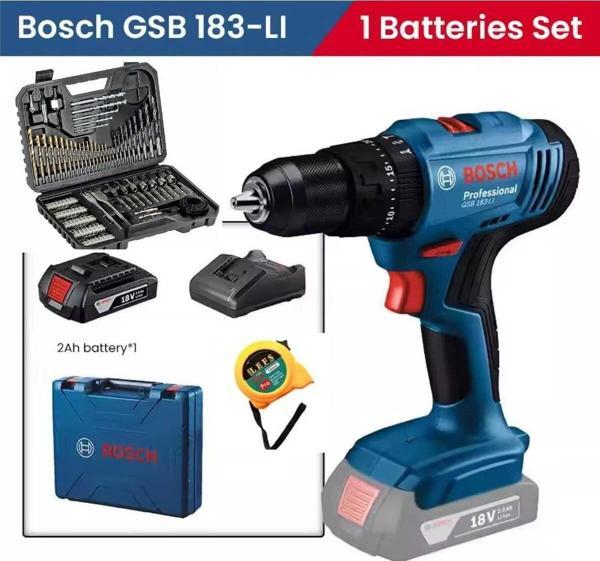 Bosch Gsb 183 Li Darbeli Tek Bataryalı Matkap Vidalama , 103 Parça Uç Aksesuar Seti Ve Metre - Image 1