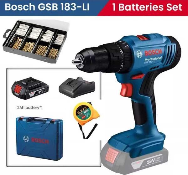 Bosch Gsb 183 Li Tek Bataryalı Darbeli Matkap Vidalama , 173 Parça Matkap Ucu Seti Ve Metre - Image 1