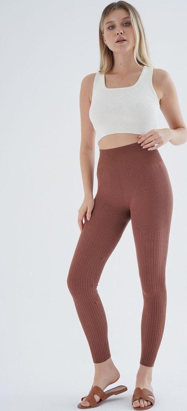 Trist Star Taba Saç Örgülü Fitilli Örme Pamuk Viscon Yün Içerikli Özel Iplik Dikişsiz Triko Tayt K-1975 - Image 1