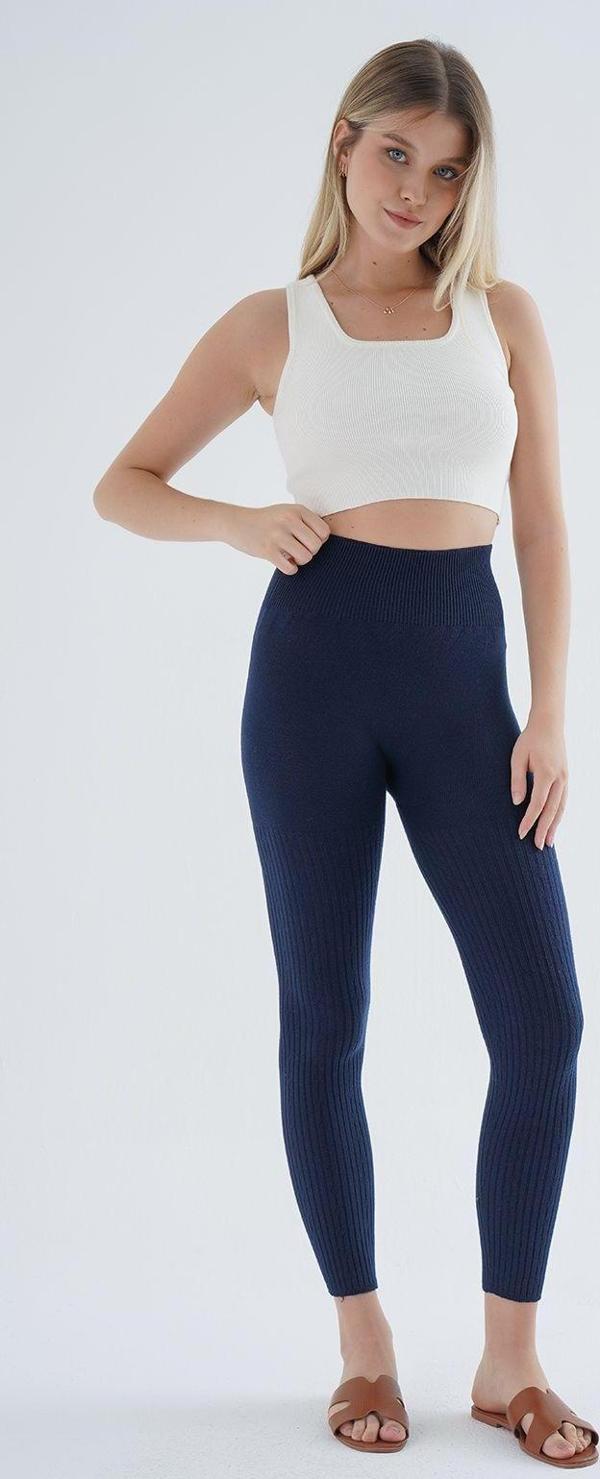 Trist Star Lacivert Saç Örgülü Fitilli Örme Pamuk Viscon Yün İçerikli Özel İplik Dikişsiz Triko Tayt K-1975 - Image 1