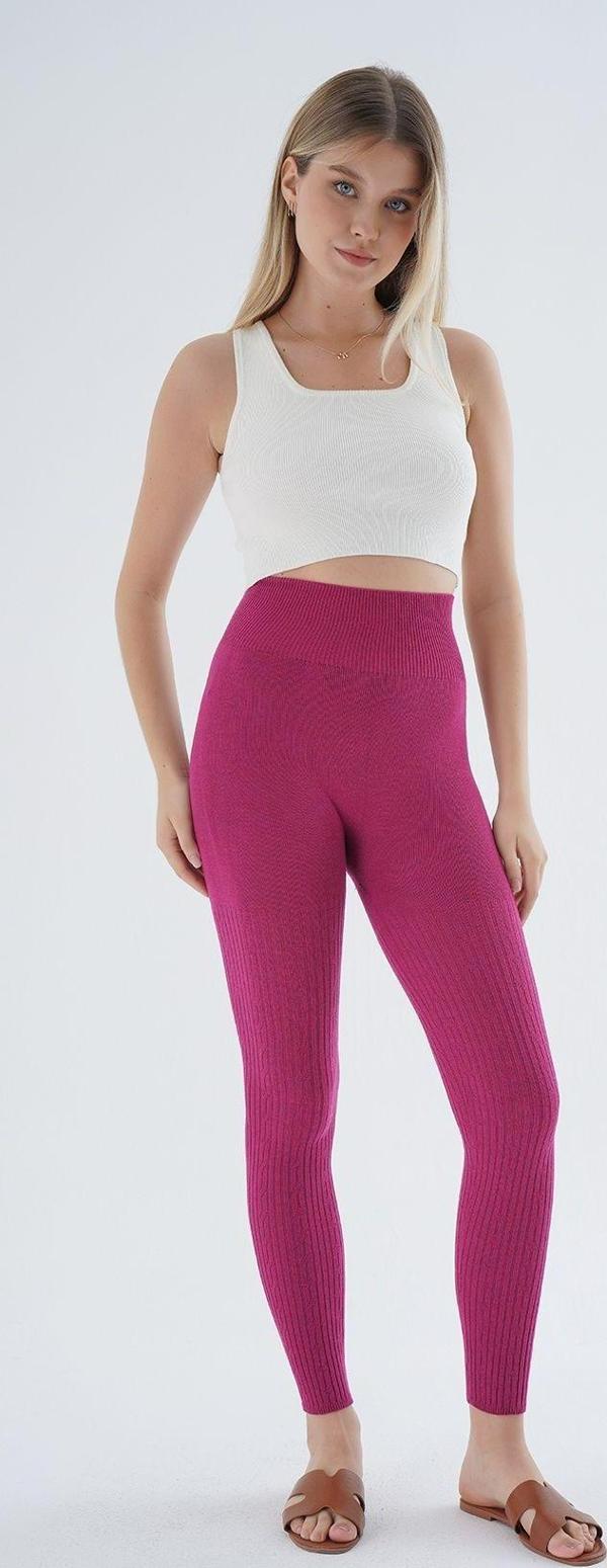 Trist Star Fuşya Saç Örgülü Fitilli Örme Pamuk Viscon Yün İçerikli Özel İplik Dikişsiz Triko Tayt Trıst-K-1975 - Image 1