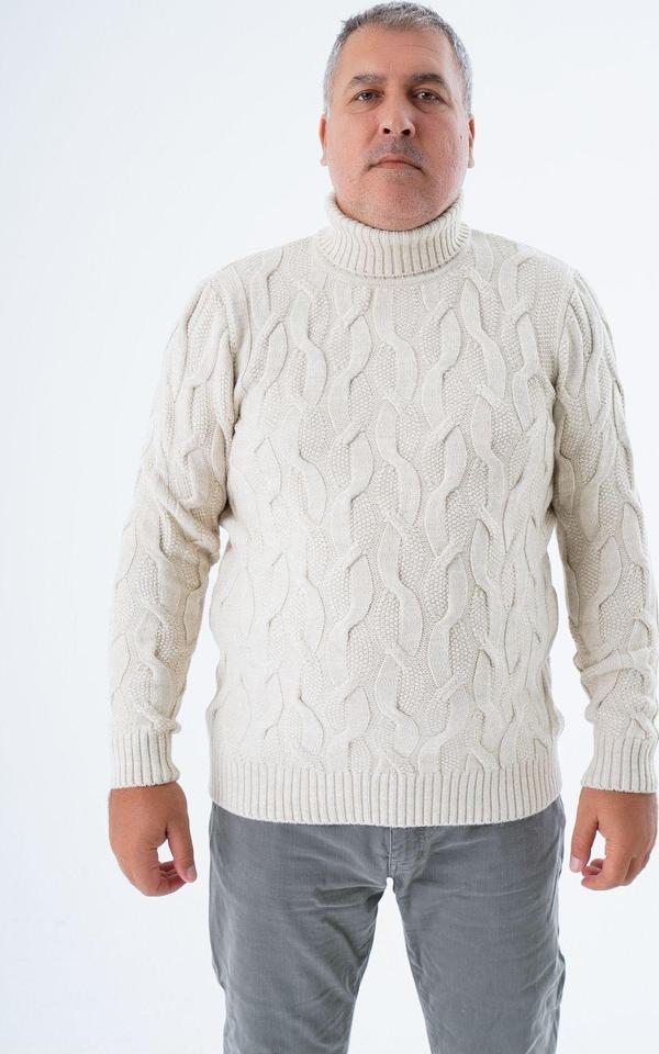 Trist Star Büyük Beden Erkek Bej Balıkçı Yaka Pirinç Saç Örgülü Yün Triko Örme Kazak Trıst-2118 - Image 1