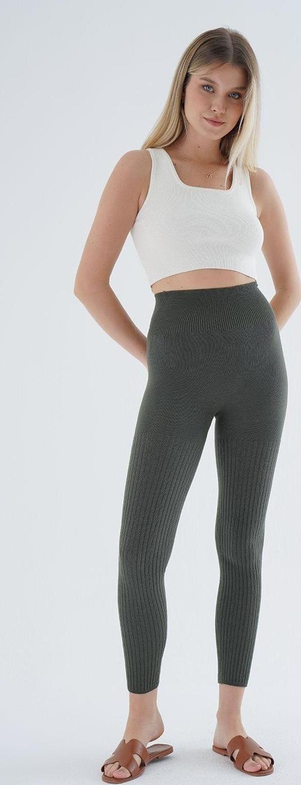 Trist Star Haki Saç Örgülü Fitilli Örme Pamuk Viscon Yün İçerikli Özel İplik Dikişsiz Triko Tayt Trıst-K-1975 - Image 1