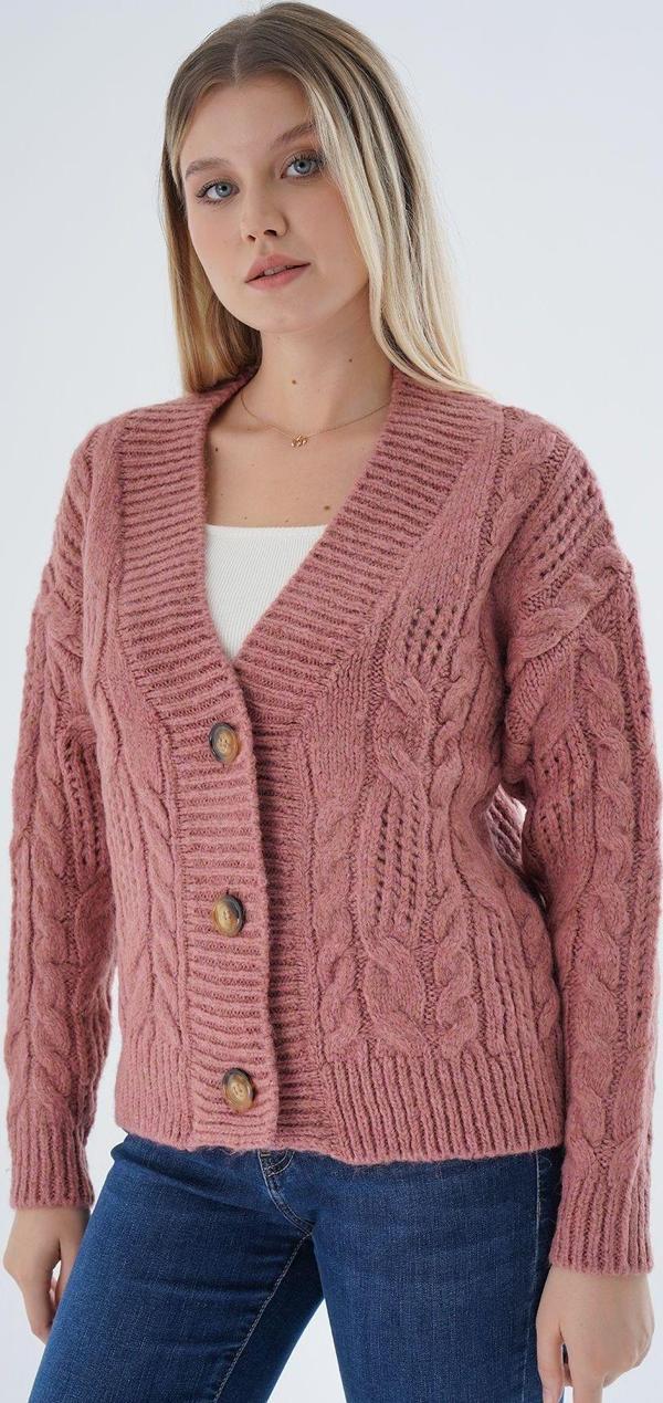 Trist Star Kadın Gül Kurusu Oversize V Yaka Saç Örgülü Ajurlu Düğmeli Yün Karışımlı Triko Örme Uzun Hırka - Image 1