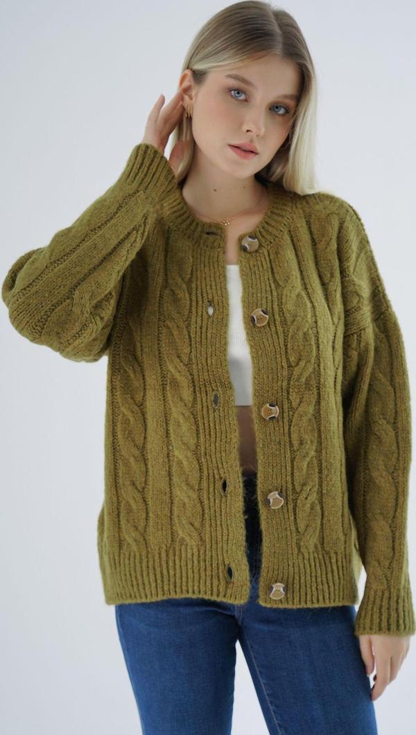 Trist Star Kadın Olive Oversize Bisiklet Yaka Düğmeli Saç Örgülü Yün Karışımlı Triko Örme Hırka Trıst-6166 - Image 1