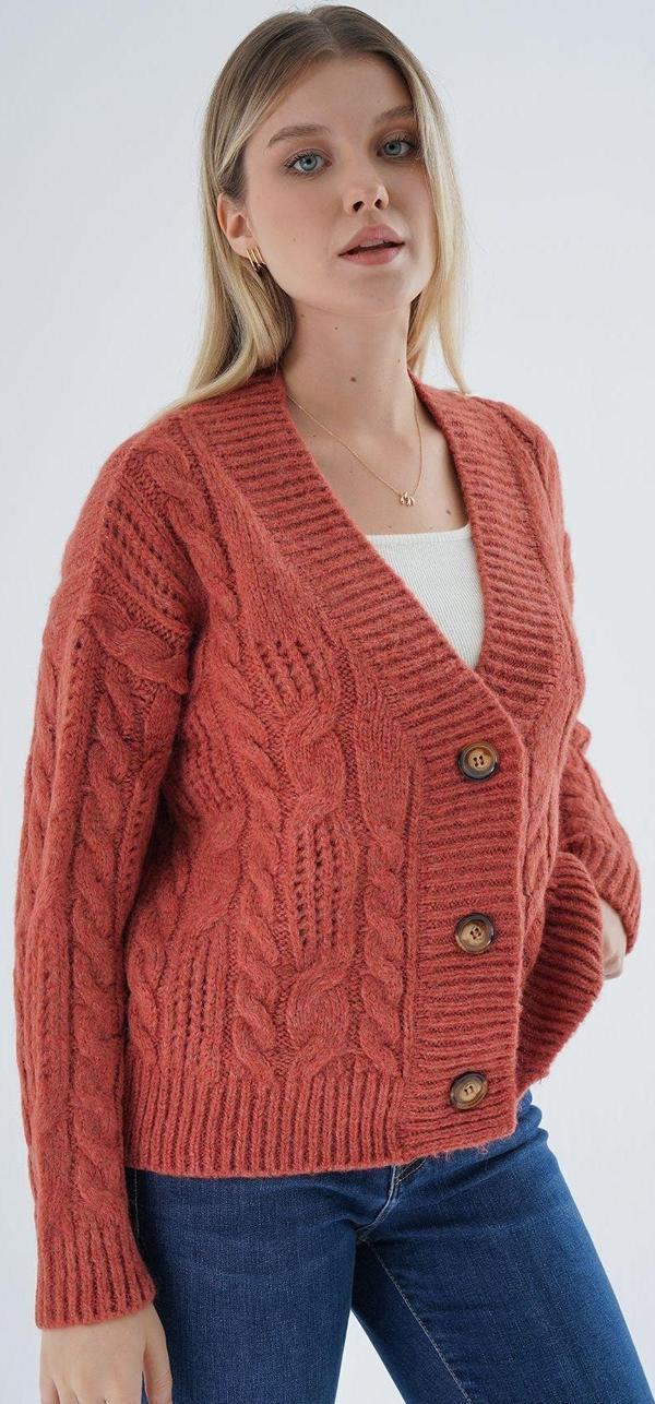 Trist Star Kadın Kiremit Oversize V Yaka Saç Örgülü Ajurlu Düğmeli Yün Karışımlı Triko Örme Uzun Hırka - Image 1