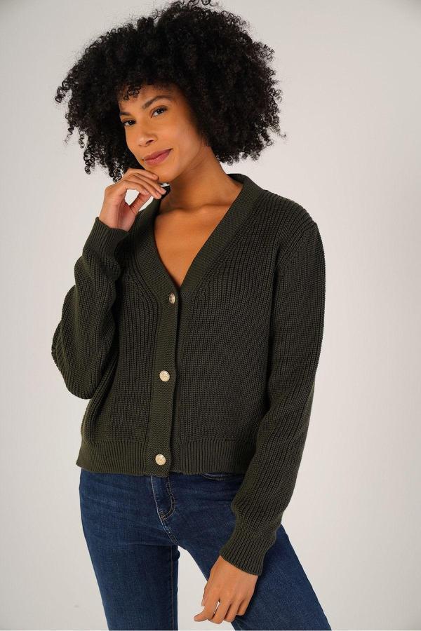 Trist Star Haki Kadın Selanik Örgü V Yaka %100 Pamuk Hırka - Image 1