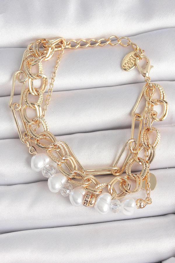 Pirinç Gold Renk Çoklu Zincir Model İncilli Zirkon Taş Detay Kadın Bileklik -  EBJ250510W33804 - Image 1