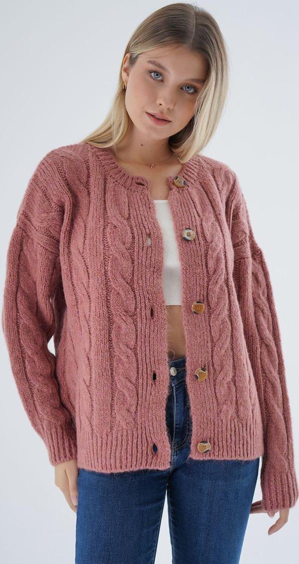 Trist Star Kadın Gül Kurusu Oversize Bisiklet Yaka Düğmeli Saç Örgülü Yün Karışımlı Triko Örme Hırka Trıst-6166 - Image 1