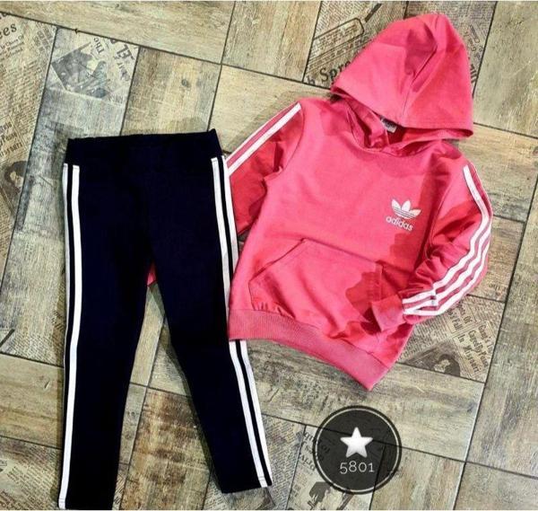 MODAVALS ADIDAS NAKIŞLI KAPİŞONLU KANGURU CEPLİ TAYTLI KIZ ÇOCUK EŞOFMAN TAKIMI - PEMBE - Image 1
