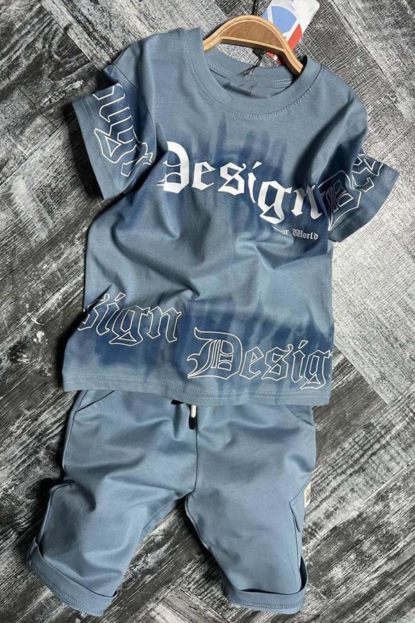 Erkek Çocuk Bisiklet Yaka Gradyan Renk Geçişli Design Mavi Şortlu Takım - Image 1