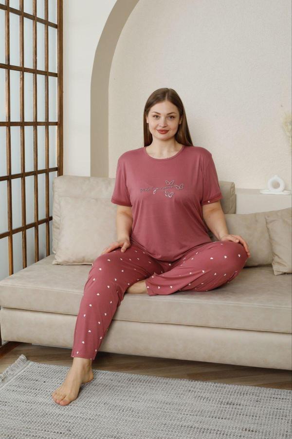 Pijamoni Kadın Milan Büyük Beden Bisiklet Yaka Kısa Kol İnce Pijama Takımı 7665/12- 1 Adet - Image 1