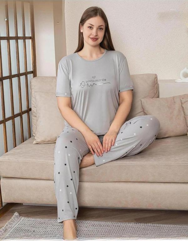 Pijamoni Kadın Milan Büyük Beden Bisiklet Yaka Kısa Kol İnce Pijama Takımı 7665/7- 1 Adet - Image 1