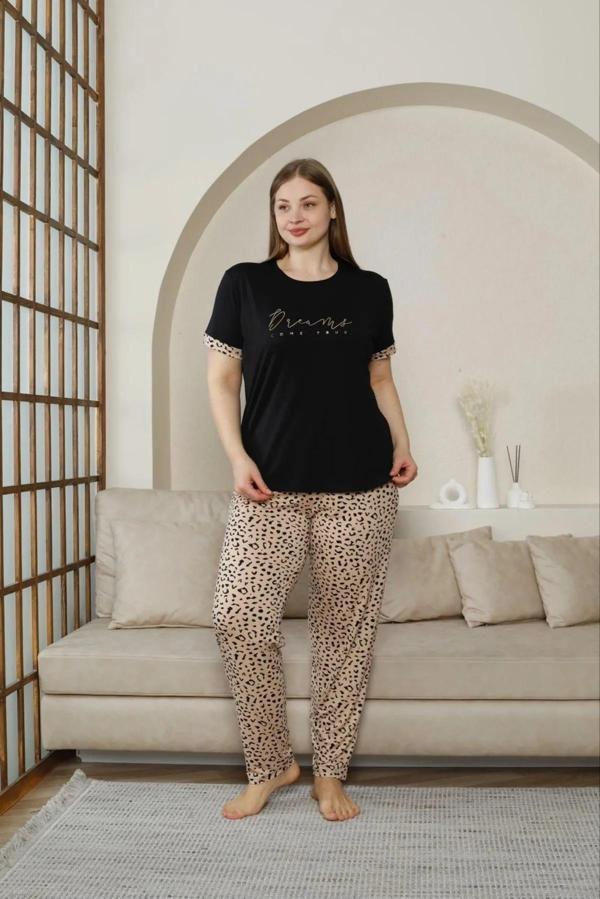 Pijamoni Kadın Milan Büyük Beden Bisiklet Yaka Kısa Kol İnce Pijama Takımı 7665/10- 1 Adet - Image 1