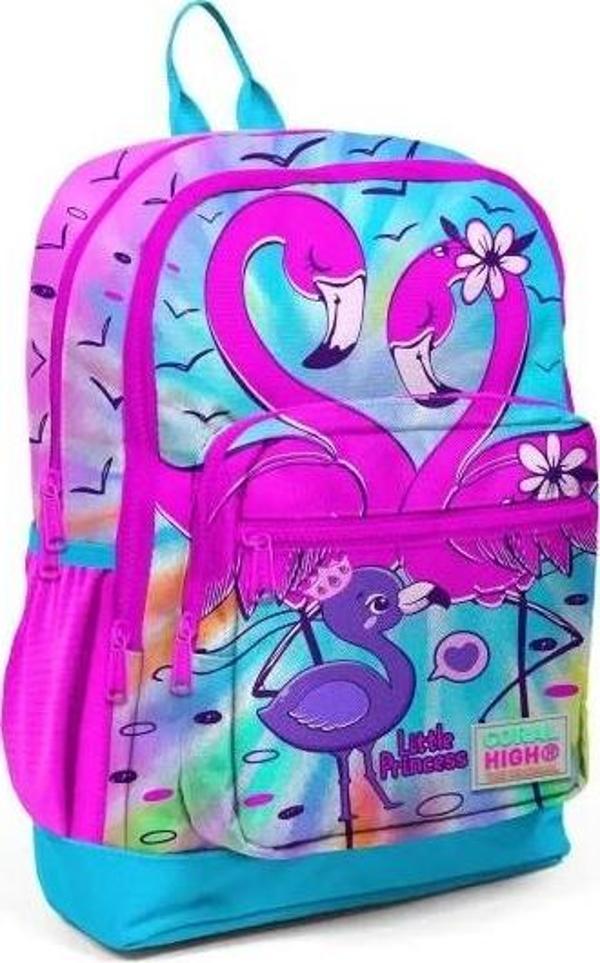 Coral High Kids Mavi Pembe Flamingo Desenli Dört Bölmeli Okul Sırt Çantası 23730 - Image 1