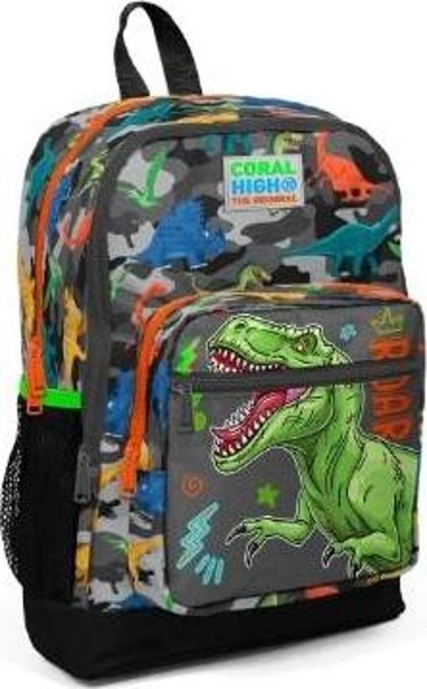 Coral High Kids Siyah Gri Dinozor Desenli Dört Bölmeli Okul Sırt Çantası 23744 - Image 1