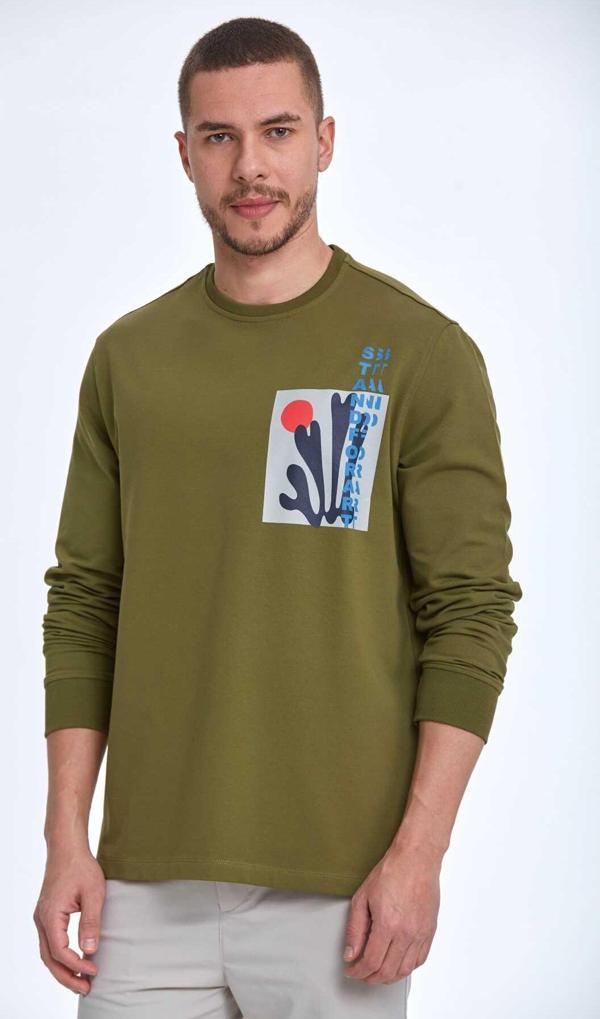 Pattern Bisiklet Yaka Erkek Sweatshirt Haki - Image 1