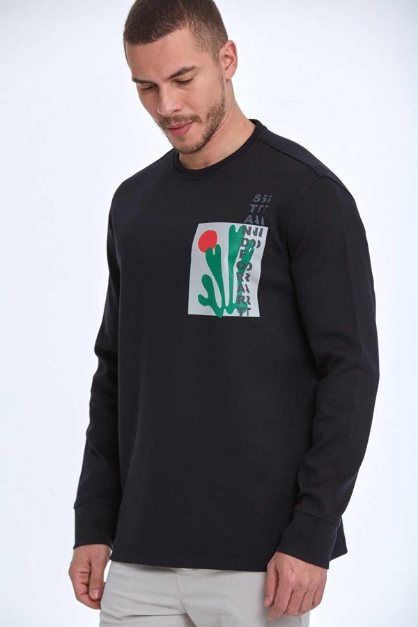 Pattern Bisiklet Yaka Erkek Sweatshirt Siyah - Image 1