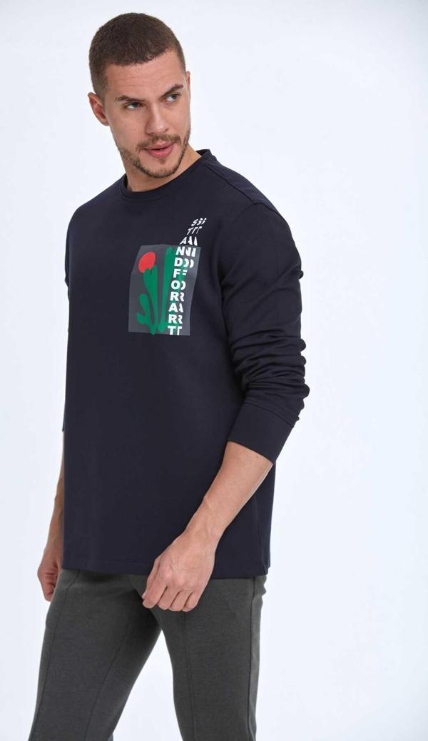 Pattern Bisiklet Yaka Erkek Sweatshirt Lacivert - Image 1