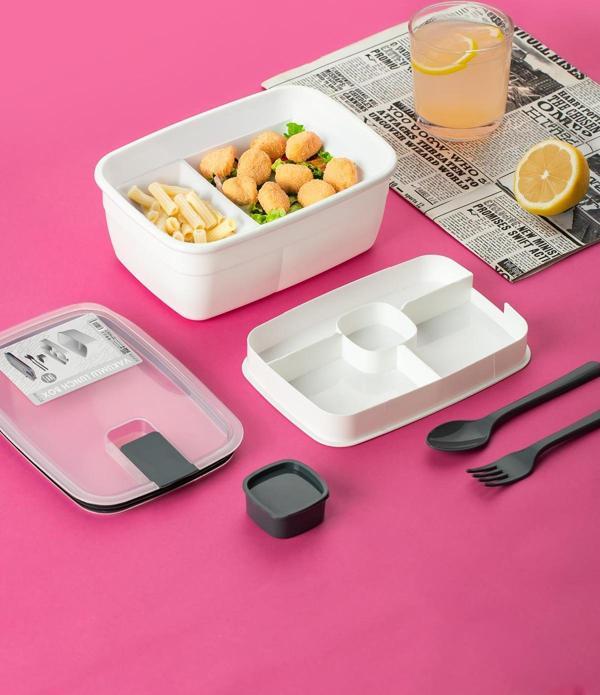 3192 Vakumlu Kendinden Kaşık Çatallı Sosluklu Bölmeli Beslenme Çantası - Taşınabilir 2 Katlı Lunch Box - Sefer Tası 1200 Ml Beyaz - Image 1