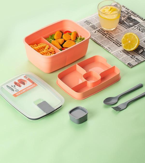 3193 Vakumlu Kendinden Kaşık Çatallı Sosluklu Bölmeli Beslenme Çantası - Taşınabilir 2 Katlı Lunch Box - Sefer Tası 1200 Ml Somon - Image 1