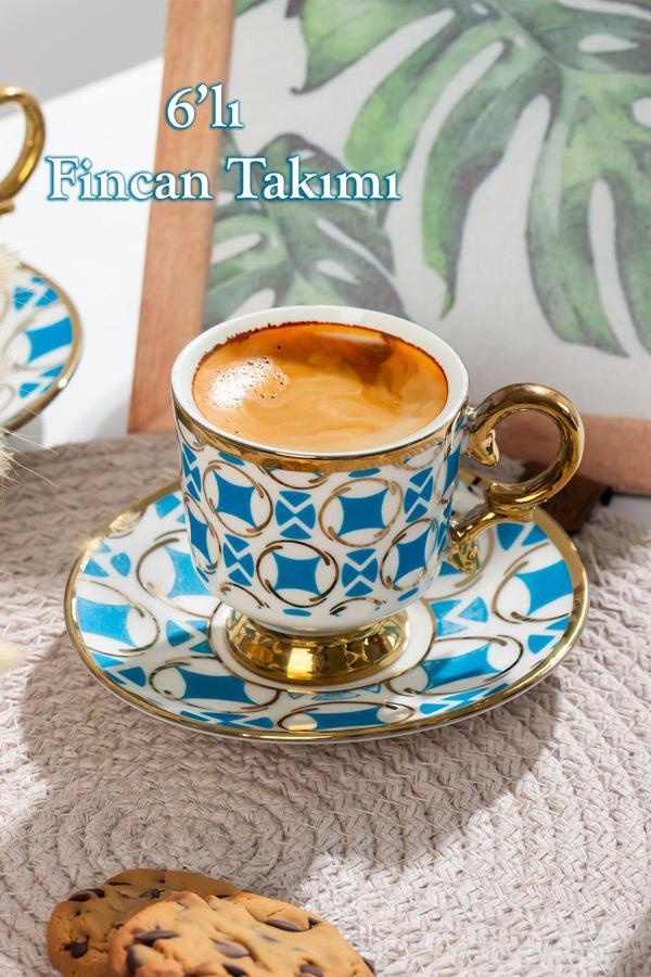 Esin Altın Yaldızlı 6 Kişilik Fincan Seti 12 Parça Türk Kahvesi Takımı Kahve Fincanı - Image 1