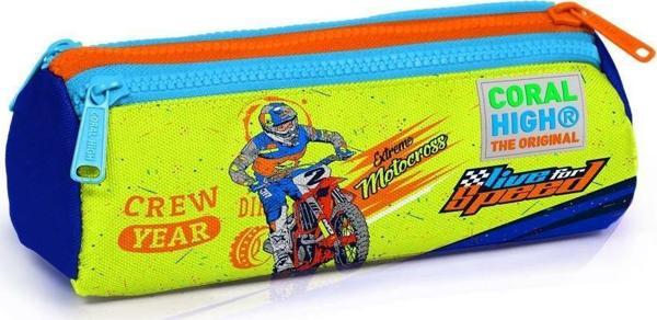 Coral High Kids Fosforlu Sarı Saks Motorsiklet Desenli Üç Bölmeli Kalem Çantası 22042 - Image 1