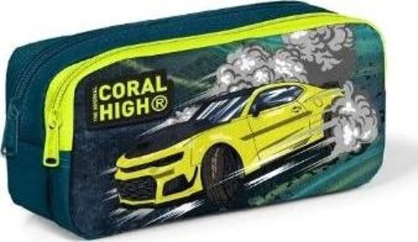 Coral High Kids Nefti Fosforlu Sarı Araba Desenli Iki Bölmeli Kalem Çantası 12067 - Image 1