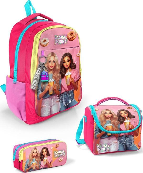 Coral High Kids Pembe Neon Mercan Fashion Girl Desenli 3’lü Okul Çanta Seti SET0123669 - Image 1