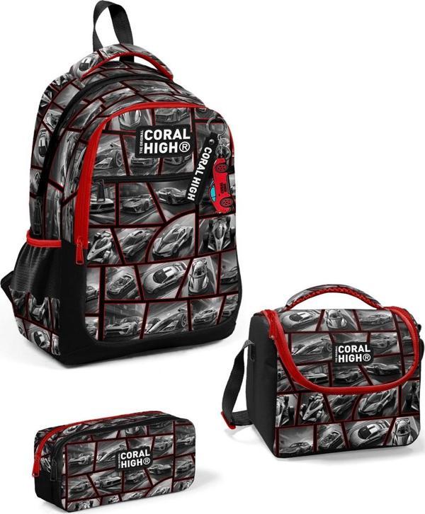 Coral High Kids Siyah Kırmızı Araba Desenli 3’lü Okul Çanta Seti SET0114429 - Image 1