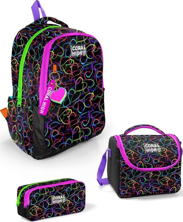 Coral High Kids Çok Renkli Kalp Desenli 3’lü Okul Çanta Seti SET0123670 - Image 1