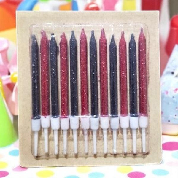 DOĞUM GÜNÜ PASTA MUMU KIRMIZI SİYAH 12 ADET SİMLİ  MUM 10 CM KUTLAMA MUMU - Image 1
