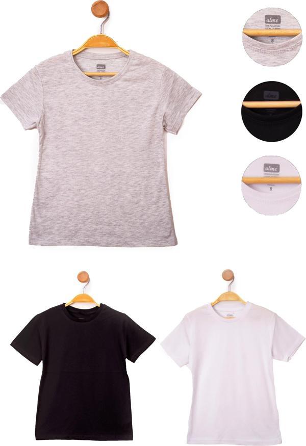 Siyah-Beyaz-Gri Kız Çocuk Basic 3'lü Paket Kısa Kollu T-Shirt  - Image 1
