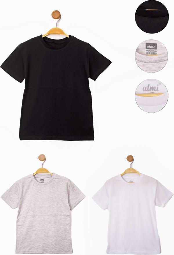 Siyah-Beyaz-Gri Erkek Çocuk Basic 3'lü Kısa Kollu T-Shirt  - Image 1