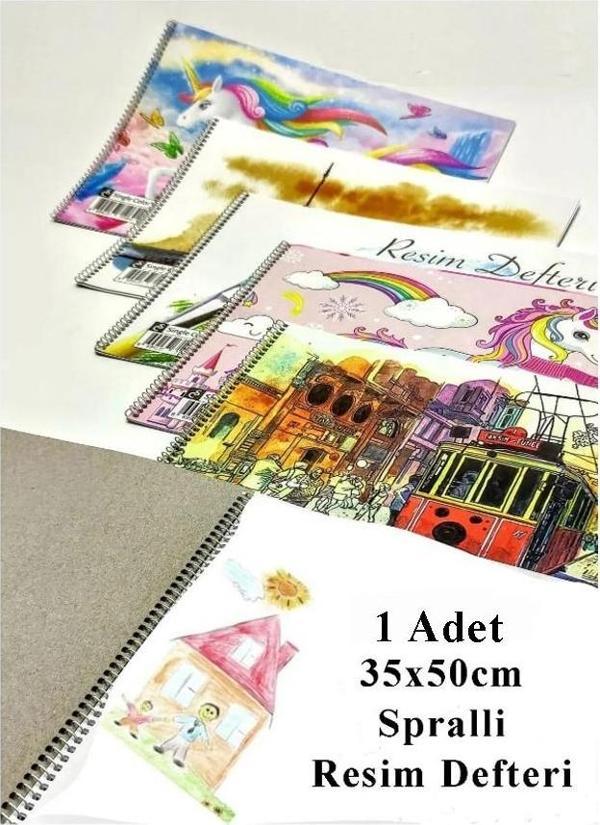 Resim Defteri 15 Yaprak 35x50 cm 1 Adet Spiralli Orta Boy Telli Resim Defteri Karton Kapak 110 gr Öğrenci Okul - Image 1