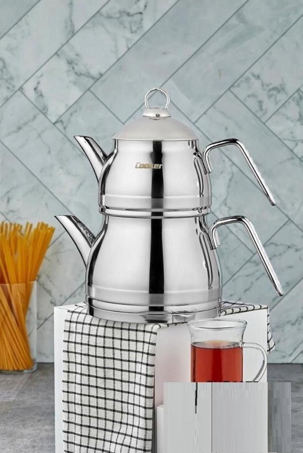 Yeşil Cooker 4 Parça Lisa Çaydanlık Aile Boy Gümüş Paslanmaz Çelik - Image 1