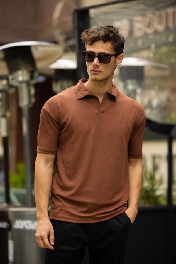 GLASSES V Yaka Oversize Fitilli T-Shirt - Kahve - Image 1