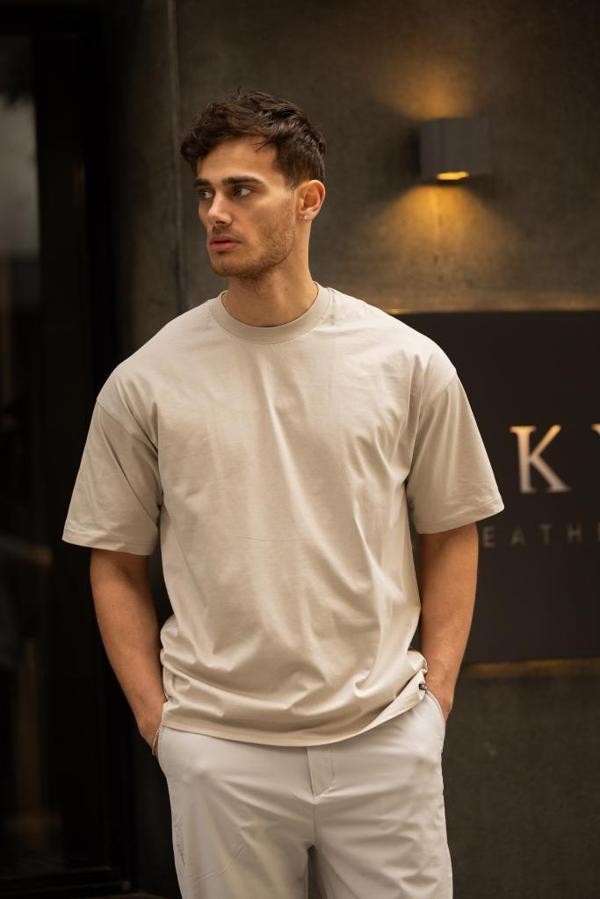 GRAVEL Oversize Bisiklet Yaka Pamuklu T-shirt - Bej - Image 1